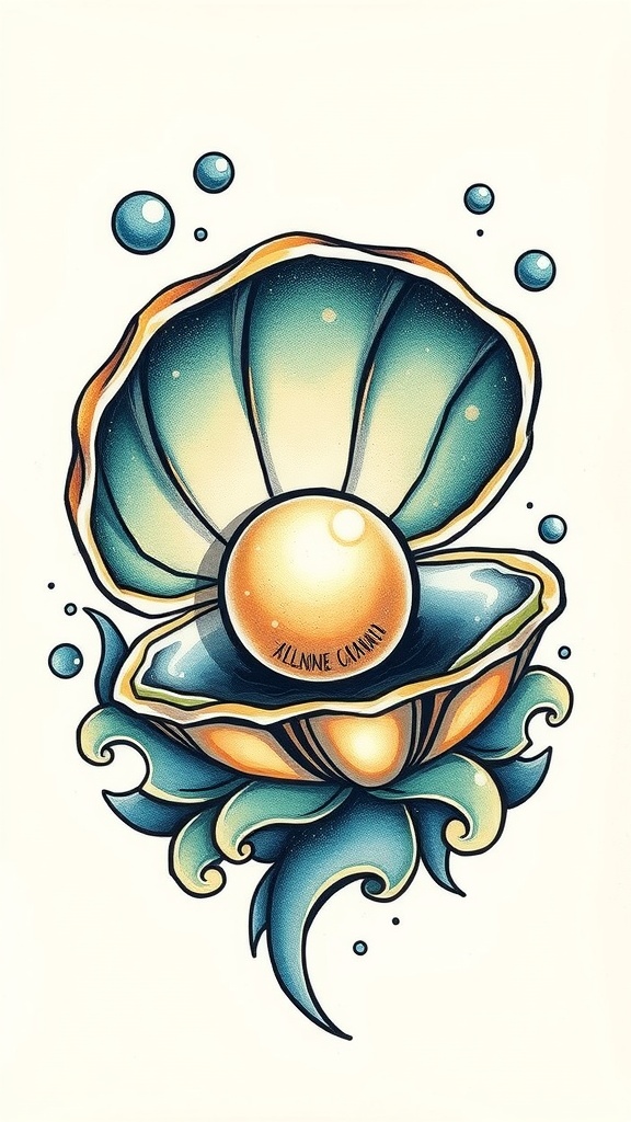 Traditional tattoo of a clam with a pearl, showcasing detailed shell textures and vibrant colors.